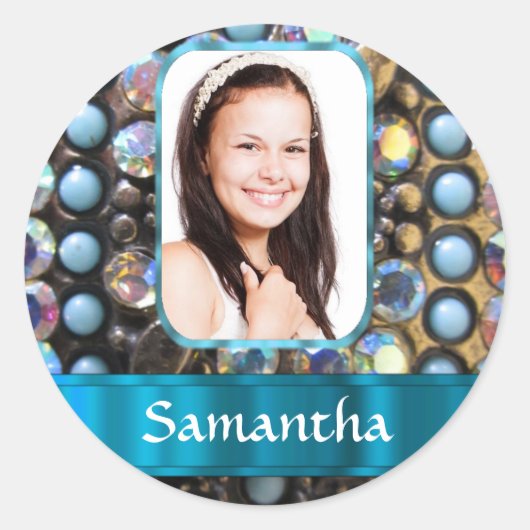 Blauwe strass foto achtergrond ronde sticker (Voorkant)