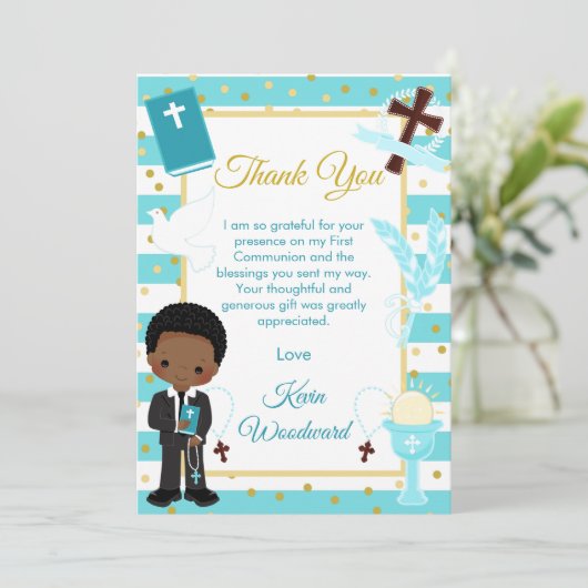 Blauwe streep Afro-Amerikaanse jongen eerste commu Bedankkaart (Staand voorkant)