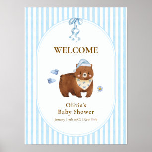 Blauwe Streep Beary Wait Jongen Baby Shower Welkom Poster