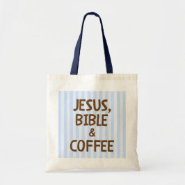 Blauwe Streep Bruine Letters Christelijke Koffieli Tote Bag