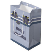 Blauwe Streep en Bloem Middelgrote Cadeautas (Voorkant Gekanteld)
