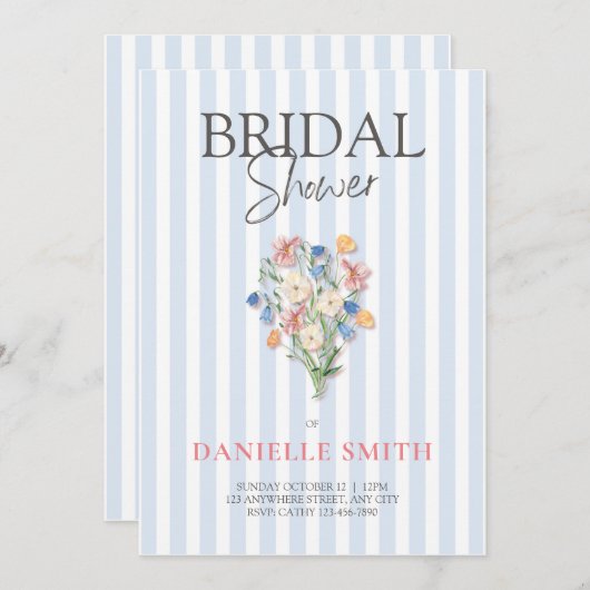 Blauwe Streep en Bloemen Bruidsdouche Uitnodiging (Voorkant / Achterkant)