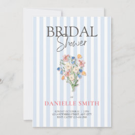 Blauwe Streep en Bloemen Bruidsdouche Uitnodiging