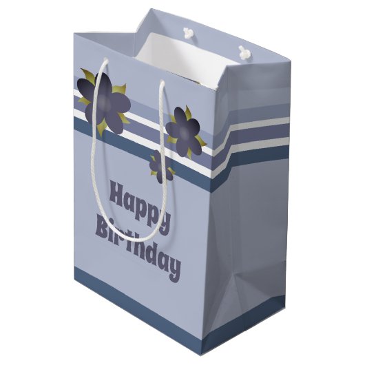 Blauwe streep en Floral middelgrote Gift Bag Medium Cadeauzakje (Achterkant Gekanteld)