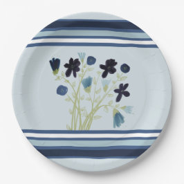 Blauwe streep en Floral Papieren Bordje
