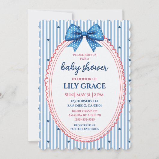 Blauwe Streep en Strik Babyshower Uitnodiging (Voorkant)