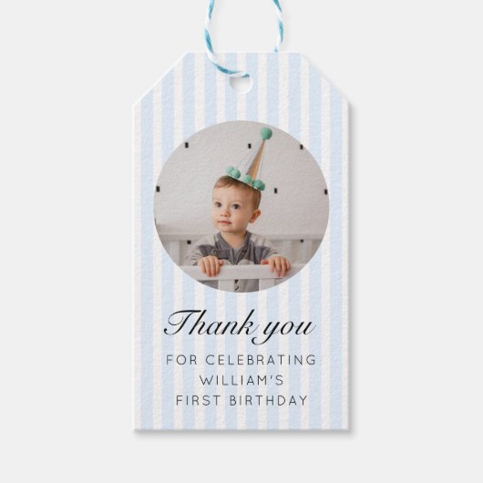 Blauwe Streep Foto Dank u Favor Cadeaulabel (Voorkant)