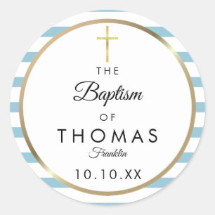 Blauwe Streep Gouden Kruis Doop Christening Ronde Sticker