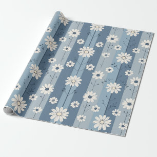Blauwe Streep Madeliefje Vintage Bloempatroon Cadeaupapier