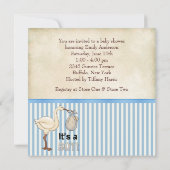 Blauwe Streep Ooievaar Jongens Baby Shower Kaart (Achterkant)