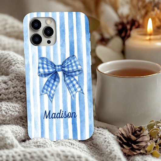 Blauwe streep plaid coquette boog toile monogram Case-Mate iPhone case