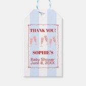 Blauwe Streep Rode Rand Bruine Lunch & Bubbel Baby Cadeaulabel (Voorkant)