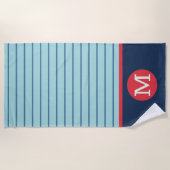 Blauwe Streep Rode Witte Monogram Mannelijk Strandlaken (Voorkant)