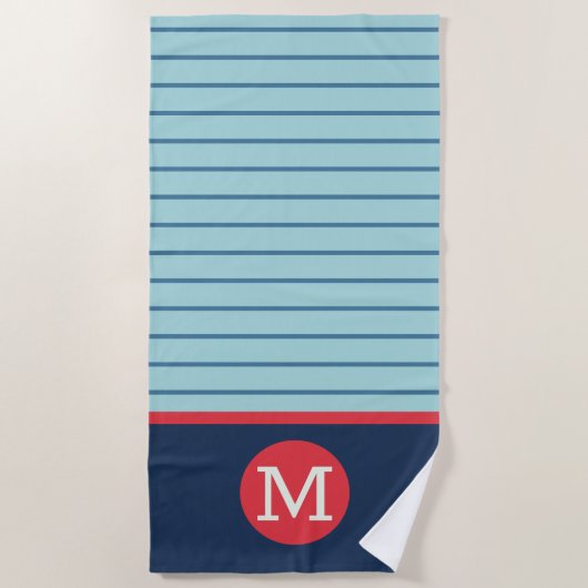 Blauwe Streep Rode Witte Monogram Mannelijk Strandlaken (Voorkant)