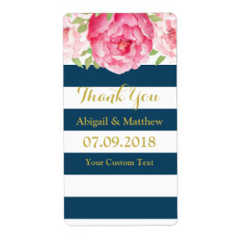 Blauwe Streep Roze Waterverf Bloemen Bruiloft Labe Etiket