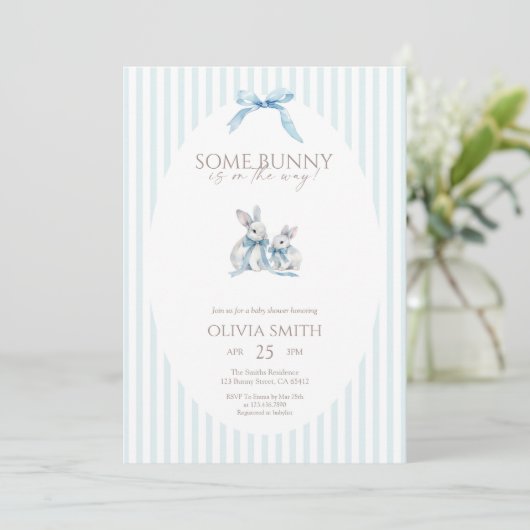 Blauwe Streep Some Bunny Baby Shower Kaart (Staand voorkant)