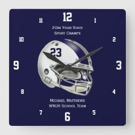 Blauwe streep wit Football Helm Name Clock Vierkante Klok