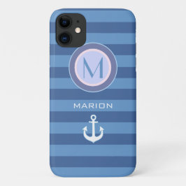 Blauwe streepjes & anker monogrammed iPhone 11 hoesje