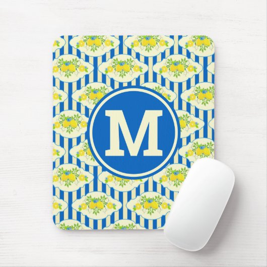 Blauwe streepjes en leemons en bladspatroon muismat (Met muis)