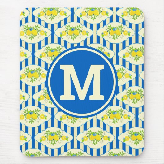 Blauwe streepjes en leemons en bladspatroon muismat (Voorkant)