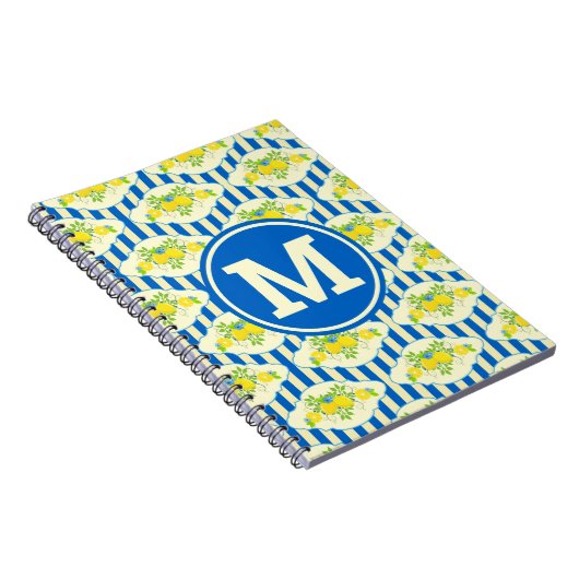 Blauwe streepjes en leemons en bladspatroon notitieboek (Rechterzijde)