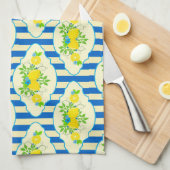 Blauwe streepjes en leemons en bladspatroon theedoek (Quarter Fold)