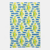 Blauwe streepjes en leemons en bladspatroon theedoek (Verticaal)