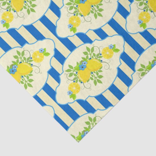 Blauwe streepjes en leemons en bladspatroon tissuepapier (Detail)