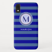 Blauwe streepjes monogram Case-Mate iPhone case (Achterkant)