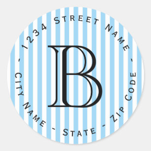 Blauwe streepjes Monogram retouradres Ronde Sticker