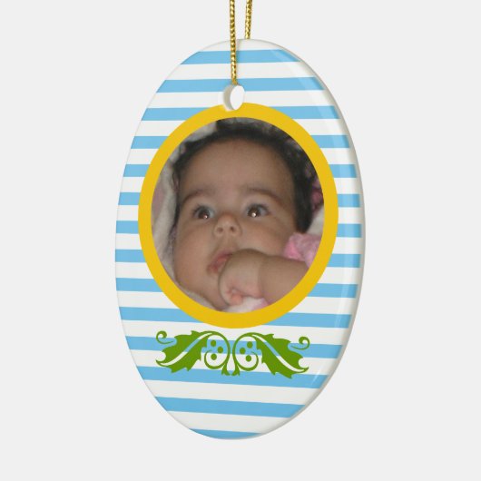 Blauwe strepen Baby's 1e kerst foto Ornament (Links)