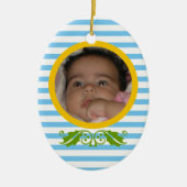 Blauwe strepen Baby's 1e kerst foto Ornament (Voorkant)