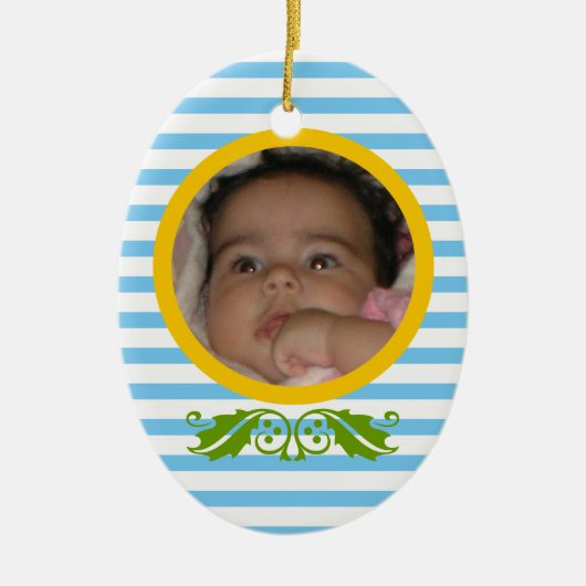 Blauwe strepen Baby's 1e kerst foto Ornament (Voorkant)