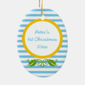Blauwe strepen Baby's 1e kerst foto Ornament (Achterkant)