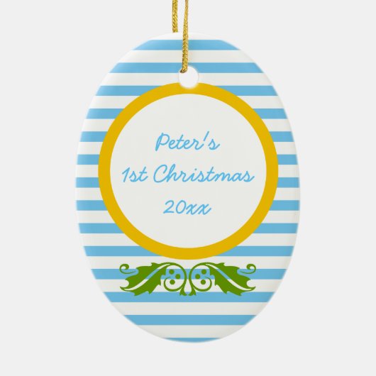 Blauwe strepen Baby's 1e kerst foto Ornament (Achterkant)