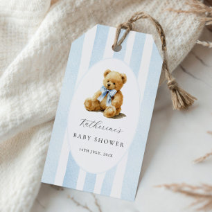 Blauwe Strepen Beer Baby Shower Cadeaulabel