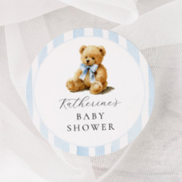 Blauwe Strepen Beer Baby Shower Ronde Sticker