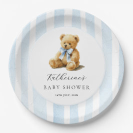 Blauwe Strepen Beer Babyshower  Papieren Bordje