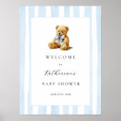 Blauwe Strepen Beer Babyshower Welkomstposter Poster (Voorkant)
