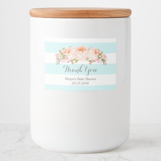 Blauwe Strepen Bloemen Baby shower Label Voedselcontainer Etiket (Voorkant)