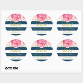 Blauwe Strepen Bloemen Monogram Bruiloft Favor Lab Ronde Sticker (Vel)