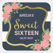 Blauwe strepen, Blush roze rozen Sweet 16 Vierkante Sticker (Voorkant)