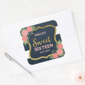 Blauwe strepen, Blush roze rozen Sweet 16 Vierkante Sticker (Envelop)