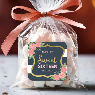 Blauwe strepen, Blush roze rozen Sweet 16 Vierkante Sticker