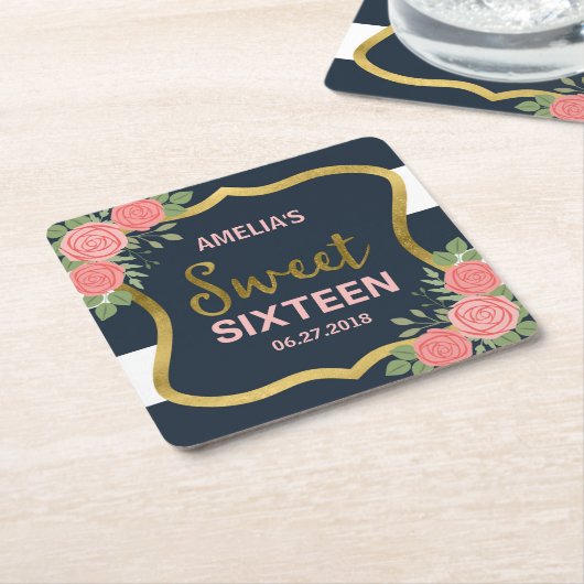 Blauwe strepen, Blush Roze Rozen Zoet Zestien Kartonnen Onderzetters (Schuin)