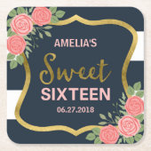 Blauwe strepen, Blush Roze Rozen Zoet Zestien Kartonnen Onderzetters (Voorkant)