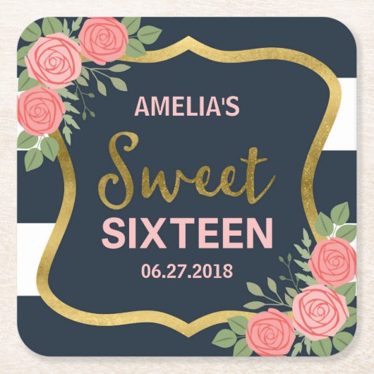 Blauwe strepen, Blush Roze Rozen Zoet Zestien Kartonnen Onderzetters (Voorkant)