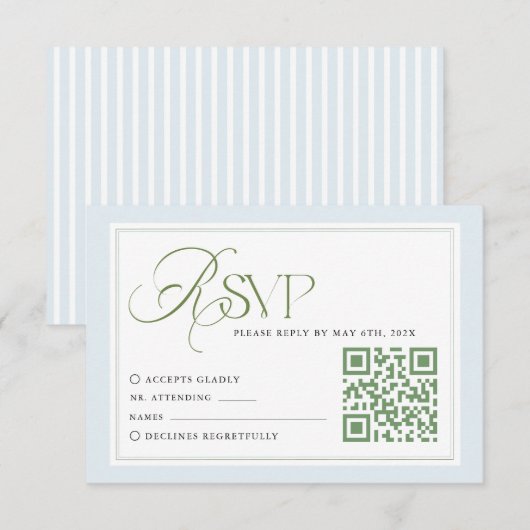 Blauwe Strepen Bruiloft RSVP Kaart met QR Code (Voorkant / Achterkant)