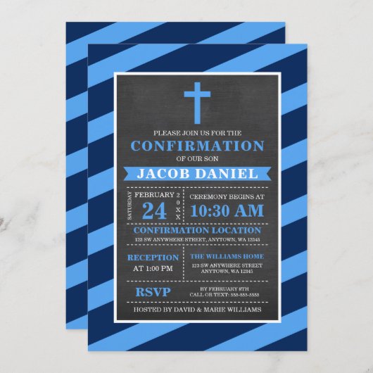 Blauwe Strepen Chalkboard Jongen Bevestiging Kaart (Voorkant / Achterkant)