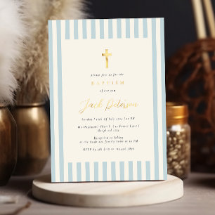 Blauwe Strepen Doop voor Jongen Elegant Folie Uitnodiging